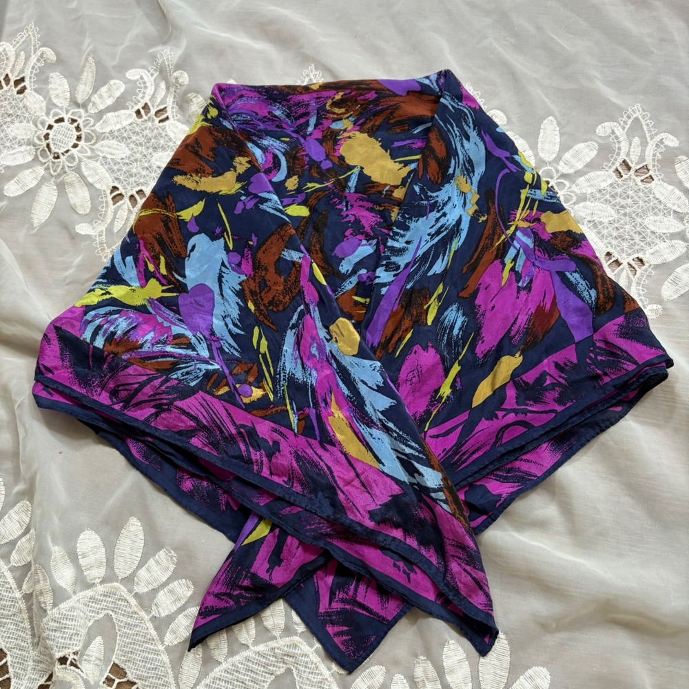 Vintage Abstract Floral Silk Square Scarf Purple Blue Gold Print 100% silk